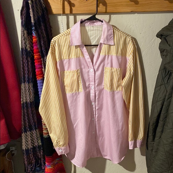 Tops - Pink and Yellow Color-Blocked Button Down Shirt